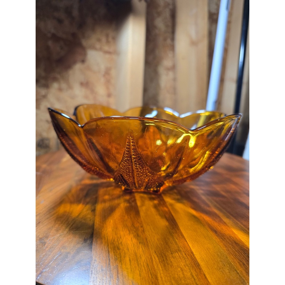 Vintage Indiana Glass Amber Leaf Bowl 8" Scalloped Pressed Glass MCM Centerpiece